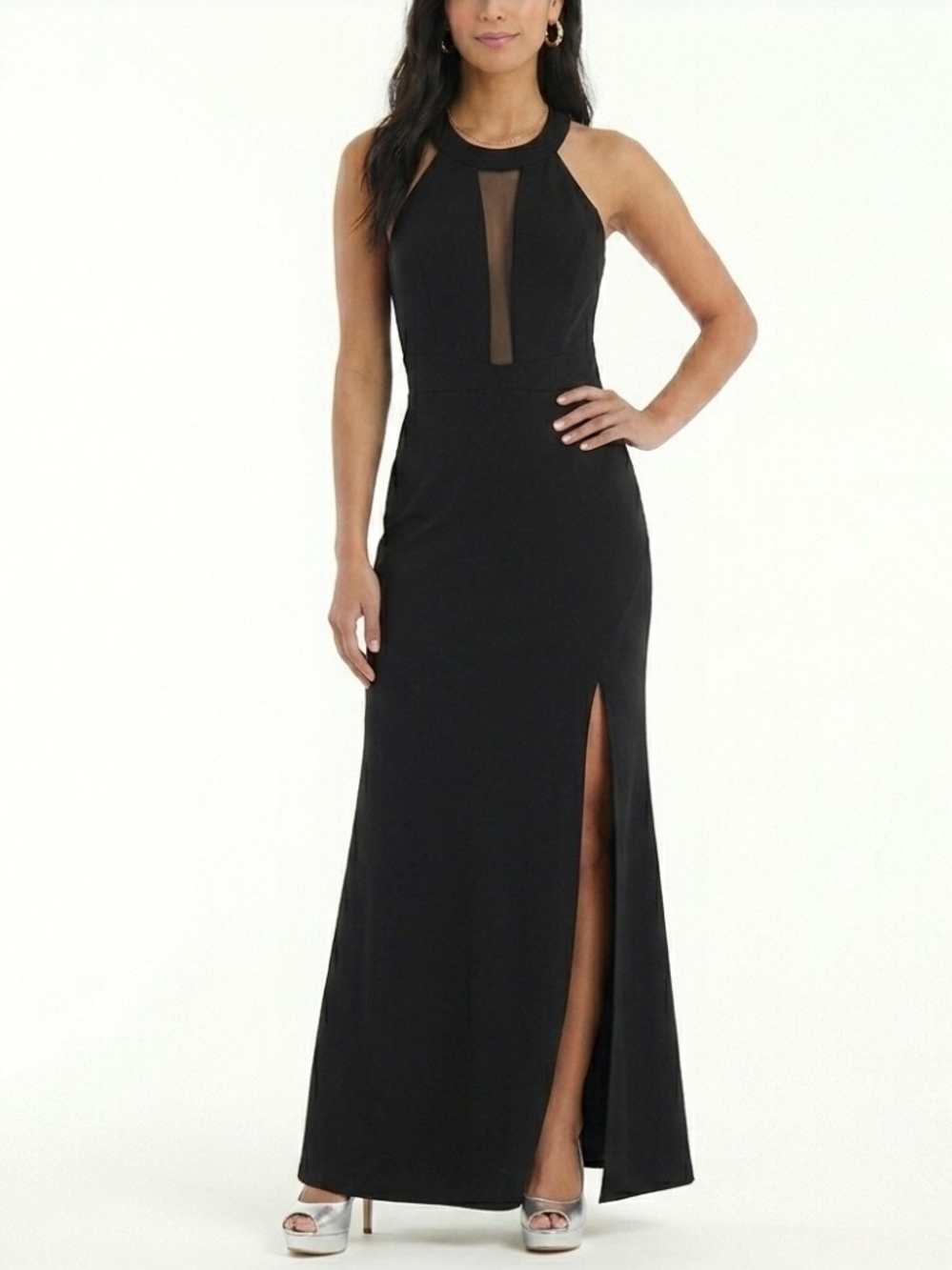 Emerald Sundae Black Halter Evening Gown with Front Mesh Panel